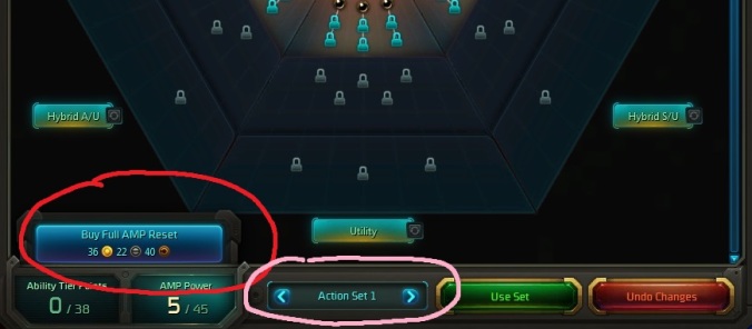 Notice the cost of an amp reset. It keeps getting more pricy as you level. The tiny arrows circled in pink let you swap between action sets.