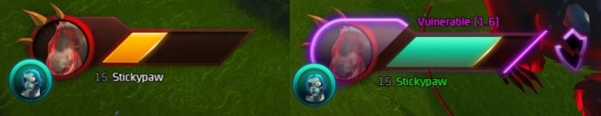 On the left, both interrupt armor have been destroyed but the enemy has not yet been interrupted. On the right, a third interrupt has been cast and the enemy is vulnerable.